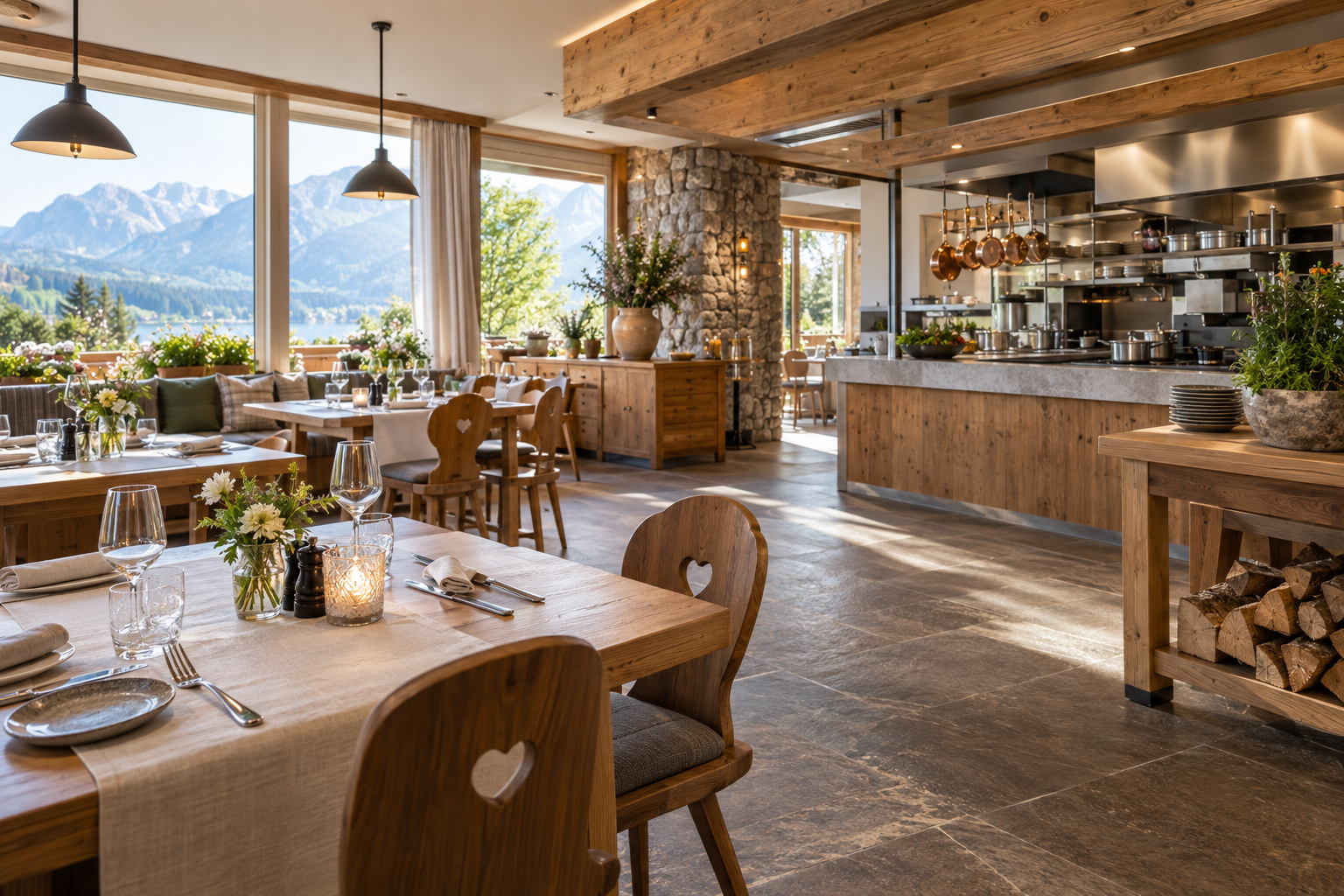 Bright dining room with wooden tables, chairs, stone surfaces, large windows and an open kitchen